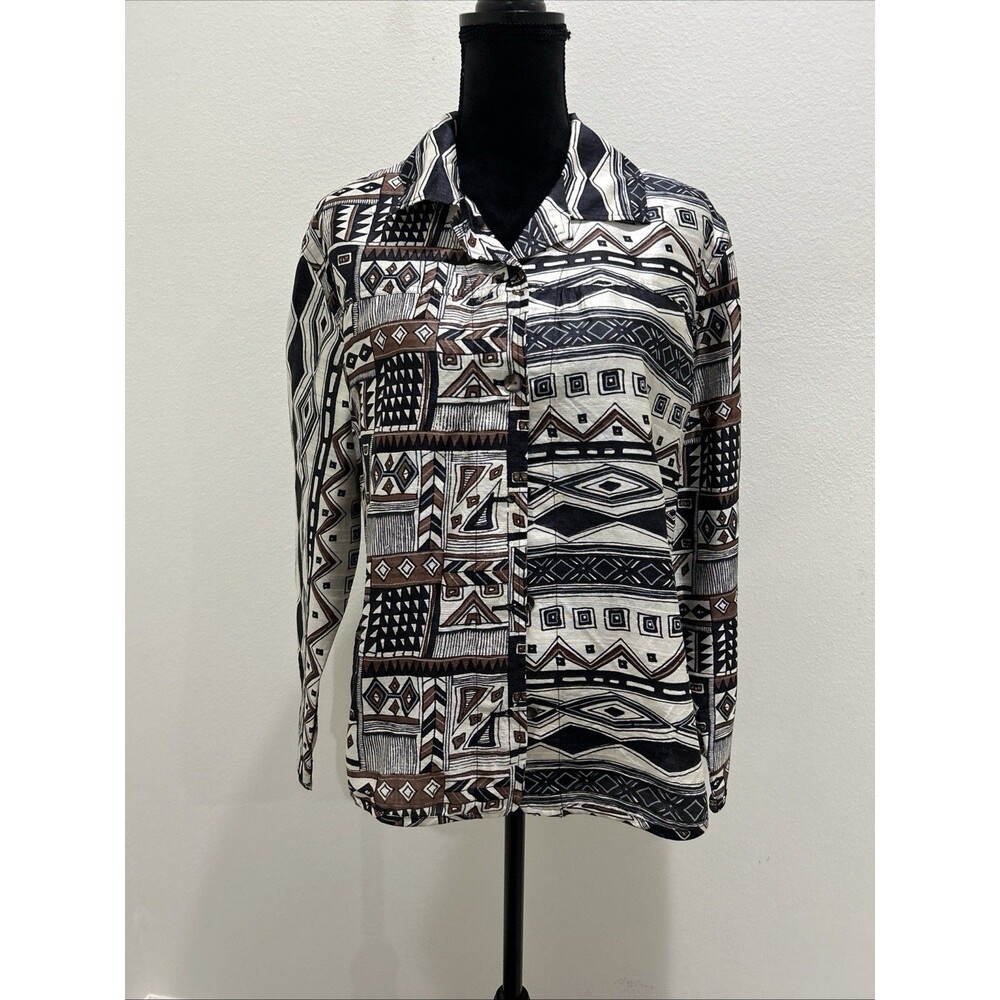 Vintage Chicos Sz 2 US Sz L Blouse Geometric 100% Silk Button-Up Long Sleeve